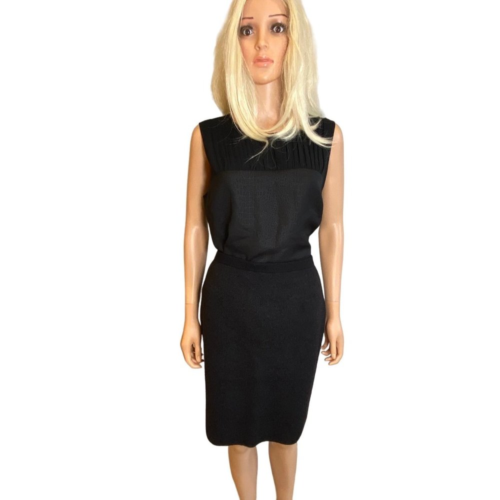 Eileen Fisher Small Charcoal Gray Black Wool Knit Pencil Skirt Herringbone Weave